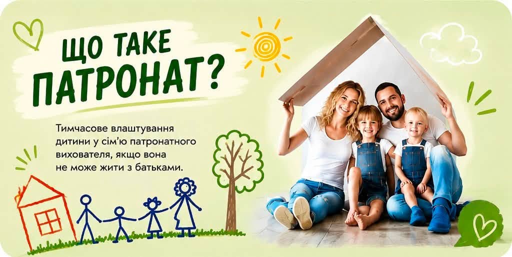 На інфографіці написано визначення що таке патронат та додано зображення родини.