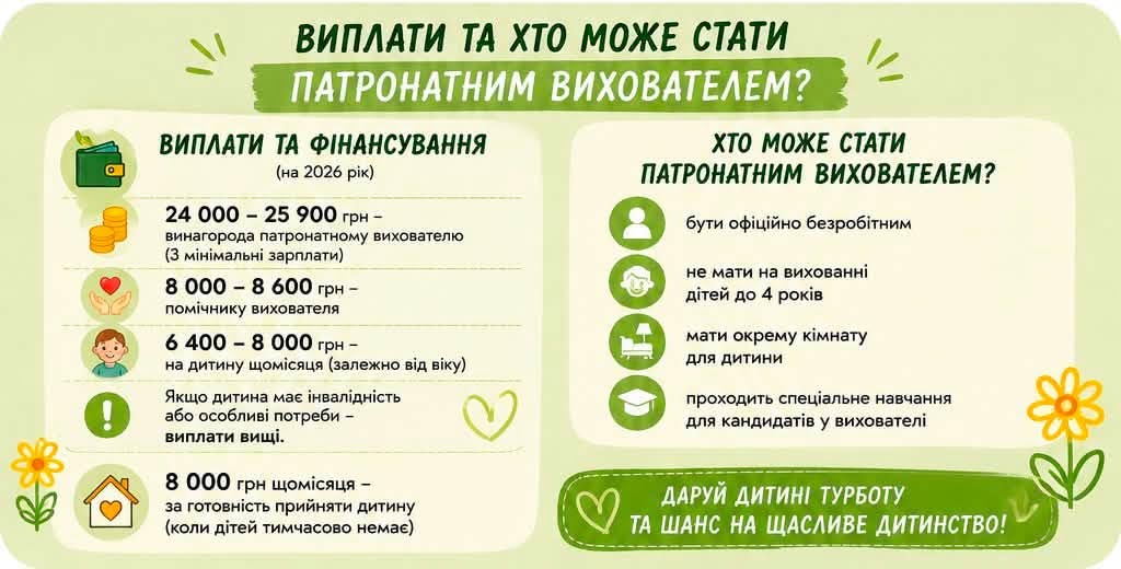 На інфографіці вказана сума виплат на дитину, та заробітня плата для патронатного вихователя та його помічника. Також вказано хто саме може стати патронатним вихователем.